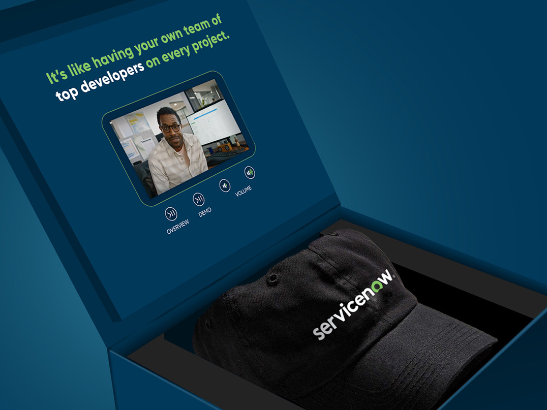 Inside view of the gift box and the ServiceNow App Developer Video Mailer and video controls